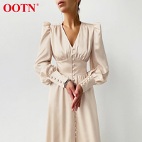 OOTN beżowa jednorzędowa seksowna sukienka Party Clud wysokiej talii satynowy sukienka elegancka V Neck kobiety sukienki Midi latarnia rękaw 2